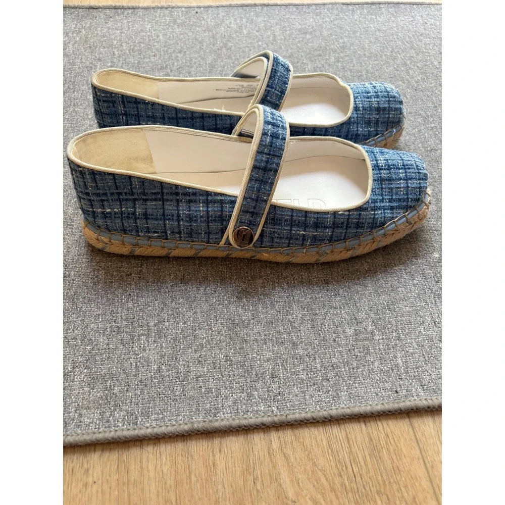 Karl Lagerfeld Paris Mikai Blue Tweed Espadrille Mary Jane Flats US 7.5M